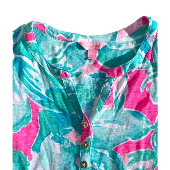 Lilly Pulitzer Elsa Linen Blouse Women's Long Sleeve Henley Tropical Pin Small - Picture 5 of 7